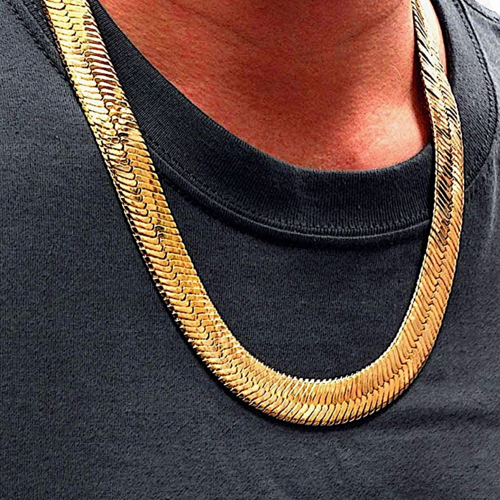GOLD FLAT HERRINGBONE 10mm NECKLACE - Picture 3 of 14